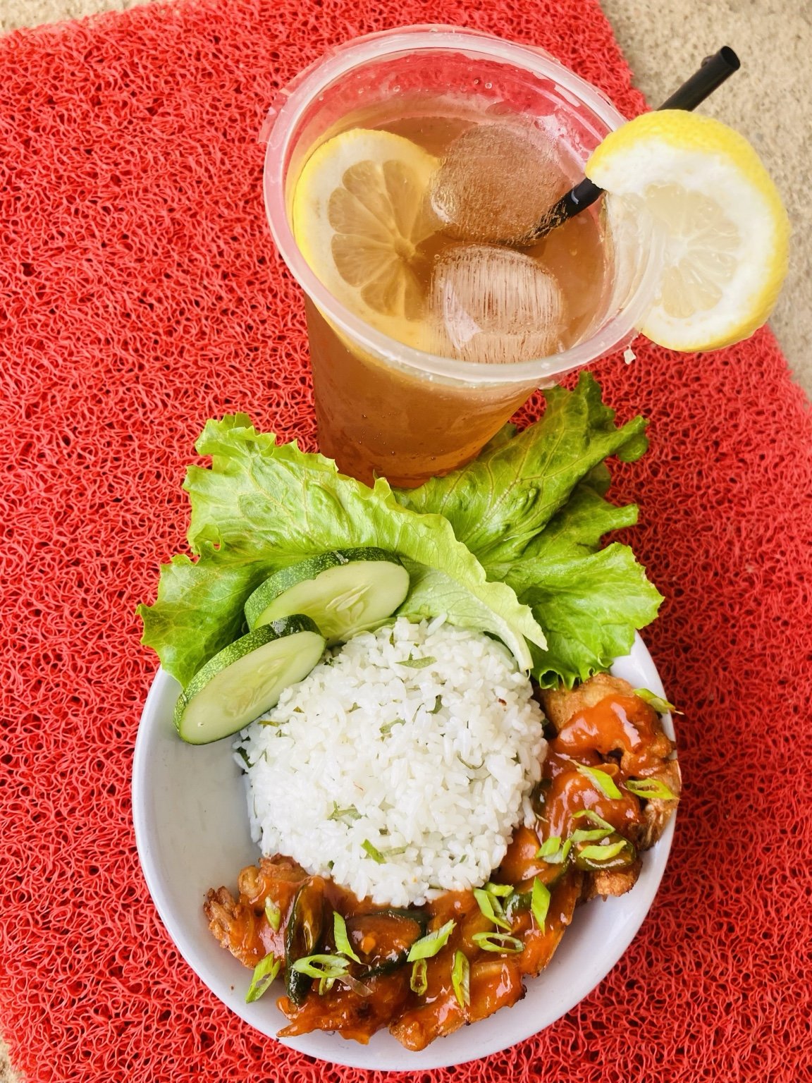 4. Nasi daun jeruk udang asam manis pedas + lemon tea